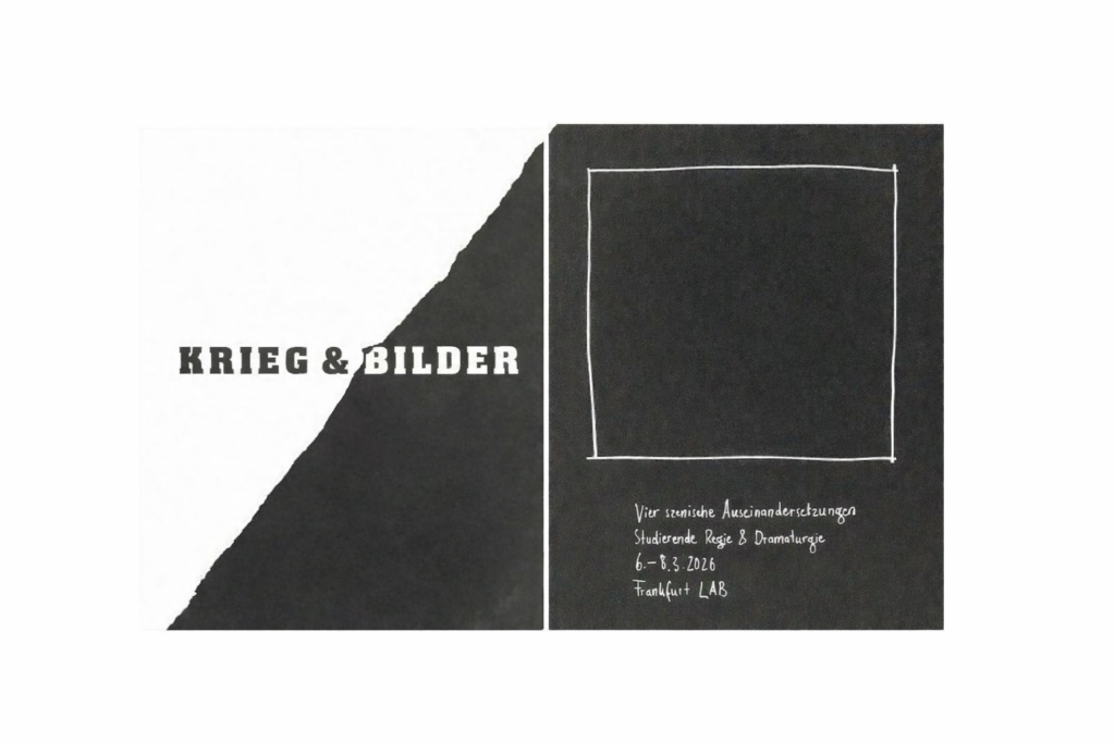 Eine Doppelseite aus schwarzem und weißem Papier. Rechts komplett schwarz links diagonal in eine weiße und eine Schwarze Seite geteilt. Links steht in Schwarz und Weiß Krieg & Bilder.