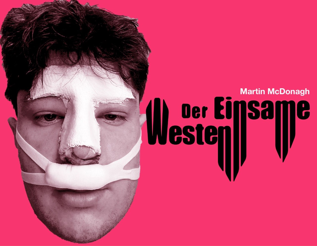 On a pink background the head of a man with a platered nose, under which a gauze bandage is fastened. a gauze  