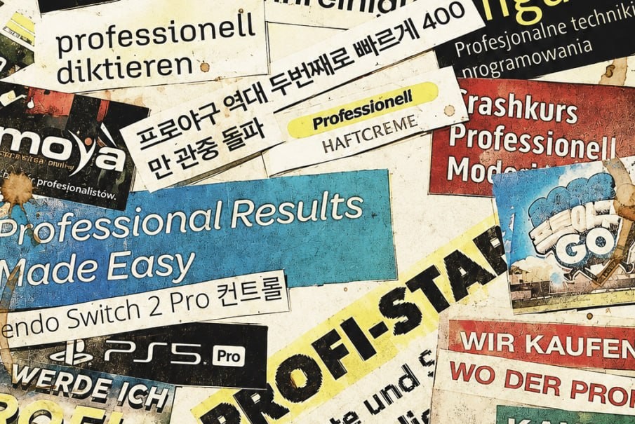 Collage aus Zeitungsausschnitten in denen das Wort Professionell und Profi vorkommt.