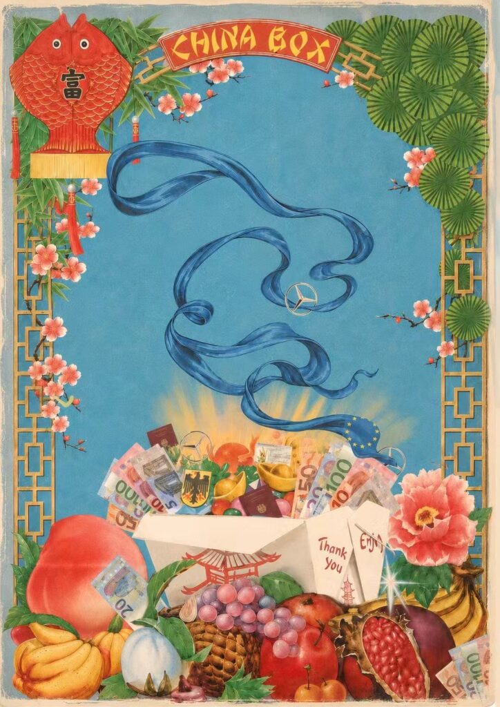 Die Grafik zeigt ein buntes Stillleben mit chinesischen Mustern und Blumen am Rand. Vor blauem Hintergrund steht eine Asia Take Out Box, die gefüllt ist mit Geldscheinen, Glückskeksen, einem Deutschen Pass und weiteren Insignien. Vorne unten im Vordergrund befindet sich adrettes Obst.