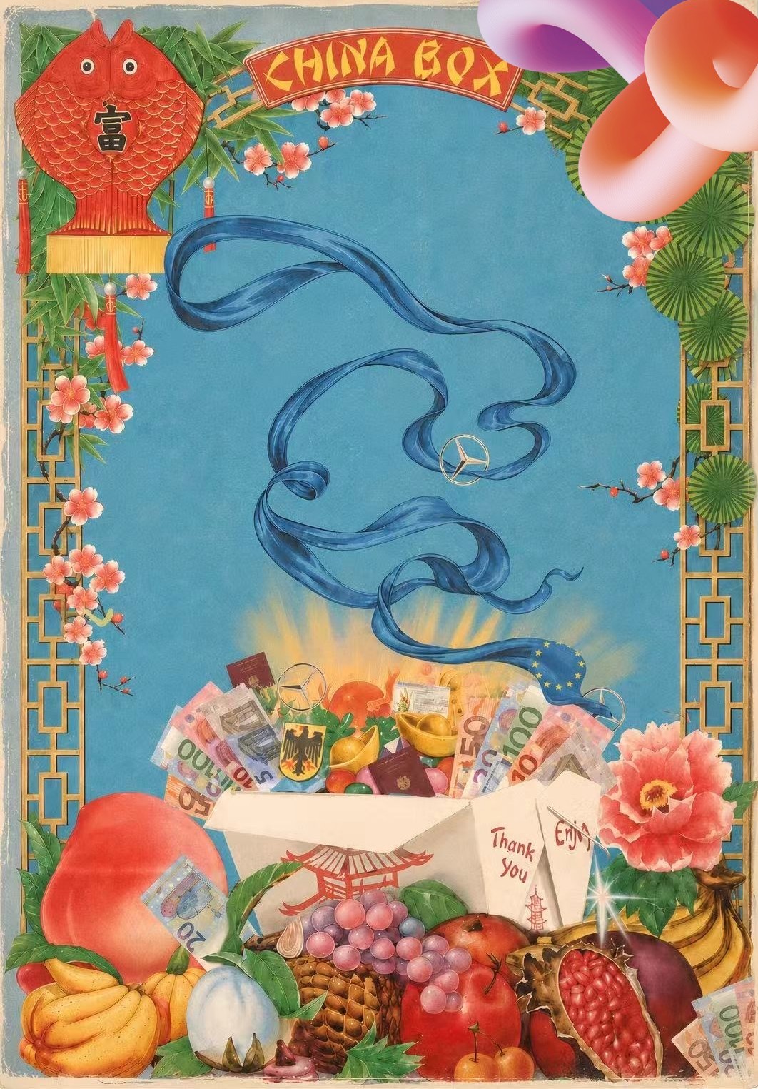 Die Grafik zeigt ein buntes Stillleben mit chinesischen Mustern und Blumen am Rand. Vor blauem Hintergrund steht eine Asia Take Out Box, die gefüllt ist mit Geldscheinen, Glückskeksen, einem Deutschen Pass und weiteren Insignien. Vorne unten im Vordergrund befindet sich adrettes Obst.