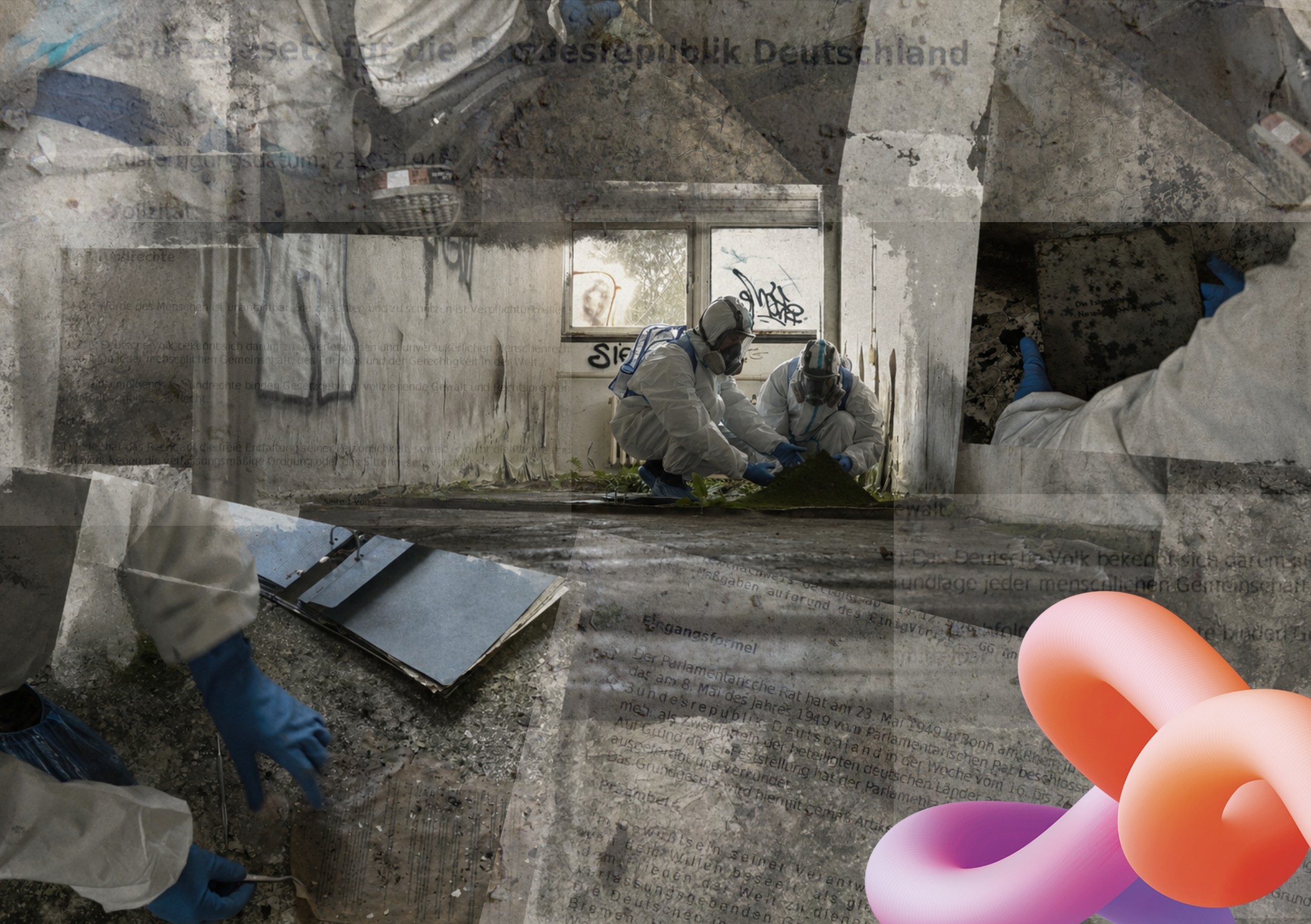Das Bild zeigt eine Fotocollage, auf der zwei Personen in weißen Schutzanzügen und mit FFP3 Masken in einer Bauruine alte Dokumente untersuchen, überlagert von hochtransparenten Fotografien von Texten auf Papier.