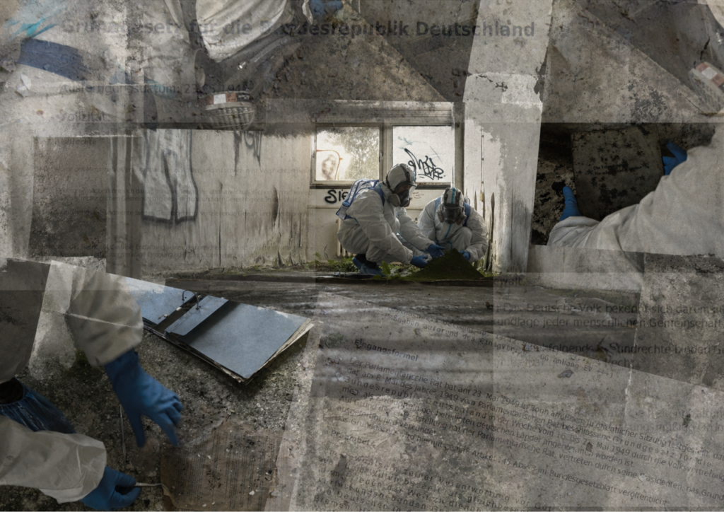 Das Bild zeigt eine Fotocollage, auf der zwei Personen in weißen Schutzanzügen und mit FFP3 Masken in einer Bauruine alte Dokumente untersuchen, überlagert von hochtransparenten Fotografien von Texten auf Papier.
