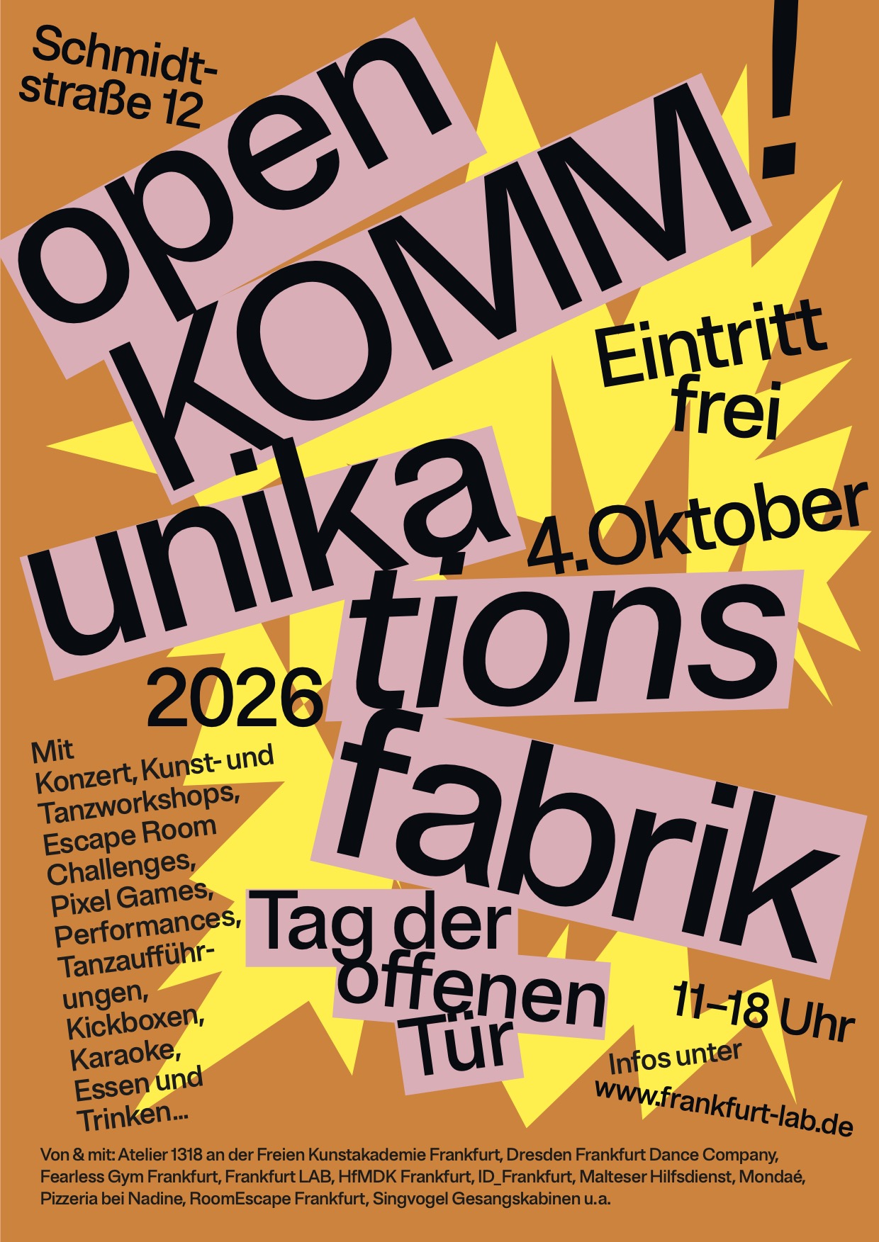 Werbeplakat open Kommunikationsfabrik. Ein grafisch gestaltetes Plakat auf dem der dynamisch angeordnete Titel und im Hintergrund eine blitzartige Grafik zu sehen ist.